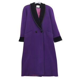 Bill Blass Vintage Purple Wool Coat Velvet Trim Oversized Longline‎ Jacket  XL